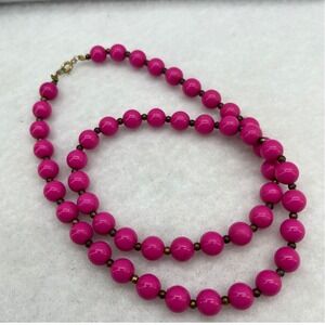 Vintage Fuchsia Pink Beaded Necklace Bronze Tone Spacers 22 Inch Strand